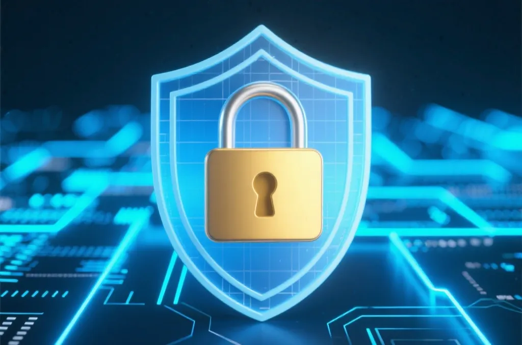 A golden padlock protecting a digital shield on an abstract glowing high-tech blue background, cybersecurity concept, 3d render